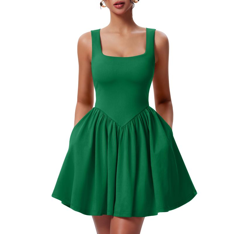 Women's Summer Sleeveless Square Neck A-line Ruffle Hem Mini Tank Dress With Pockets