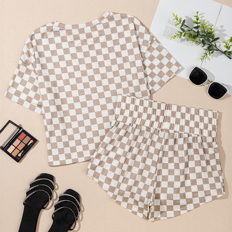 Women‘s Two Piece Set Checkerboard T Shirt and Ruffle High Waist Skort Set 2025 Summer Casual Sets for Daily Wear