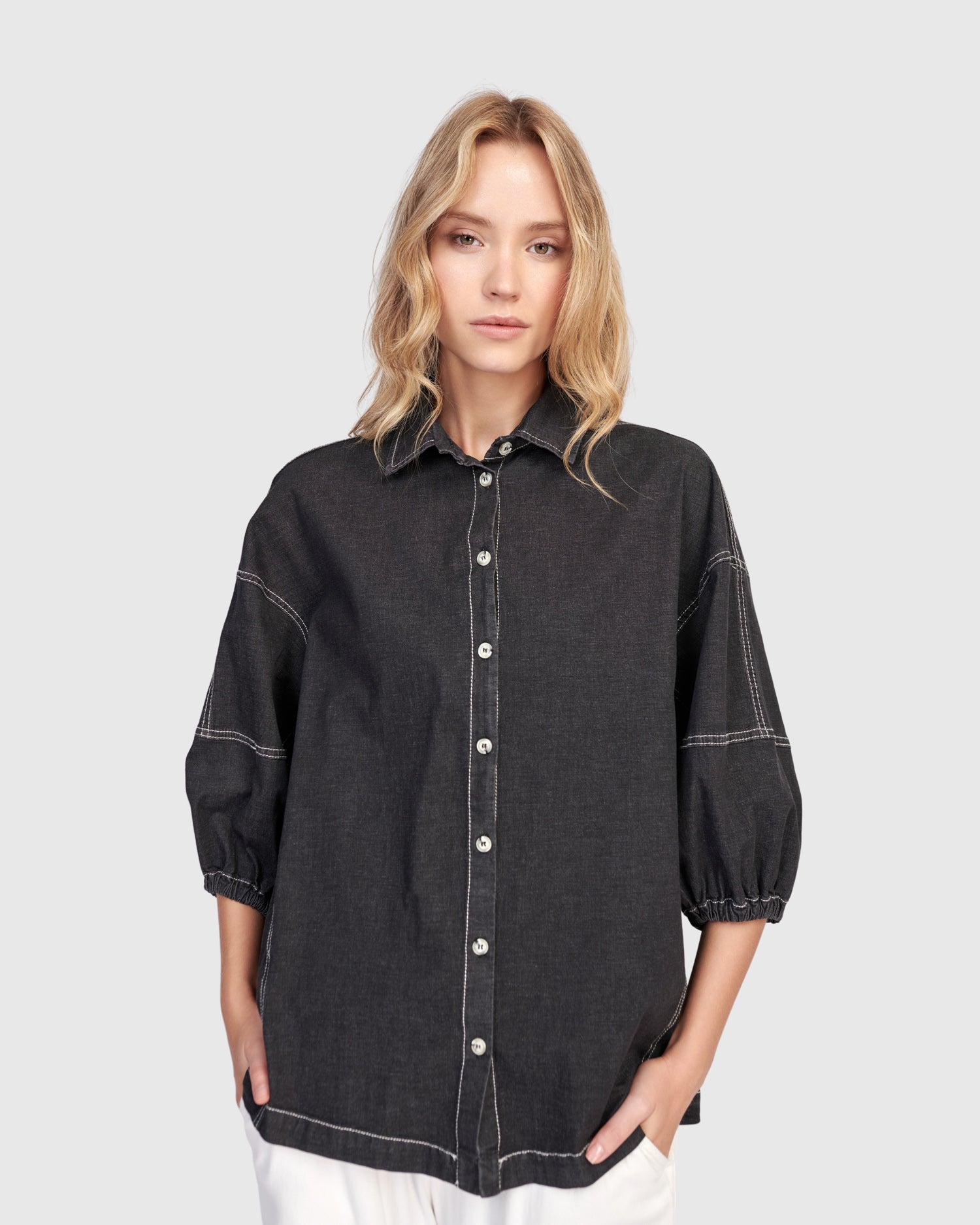 Pippa Puff Blouse, Black Denim