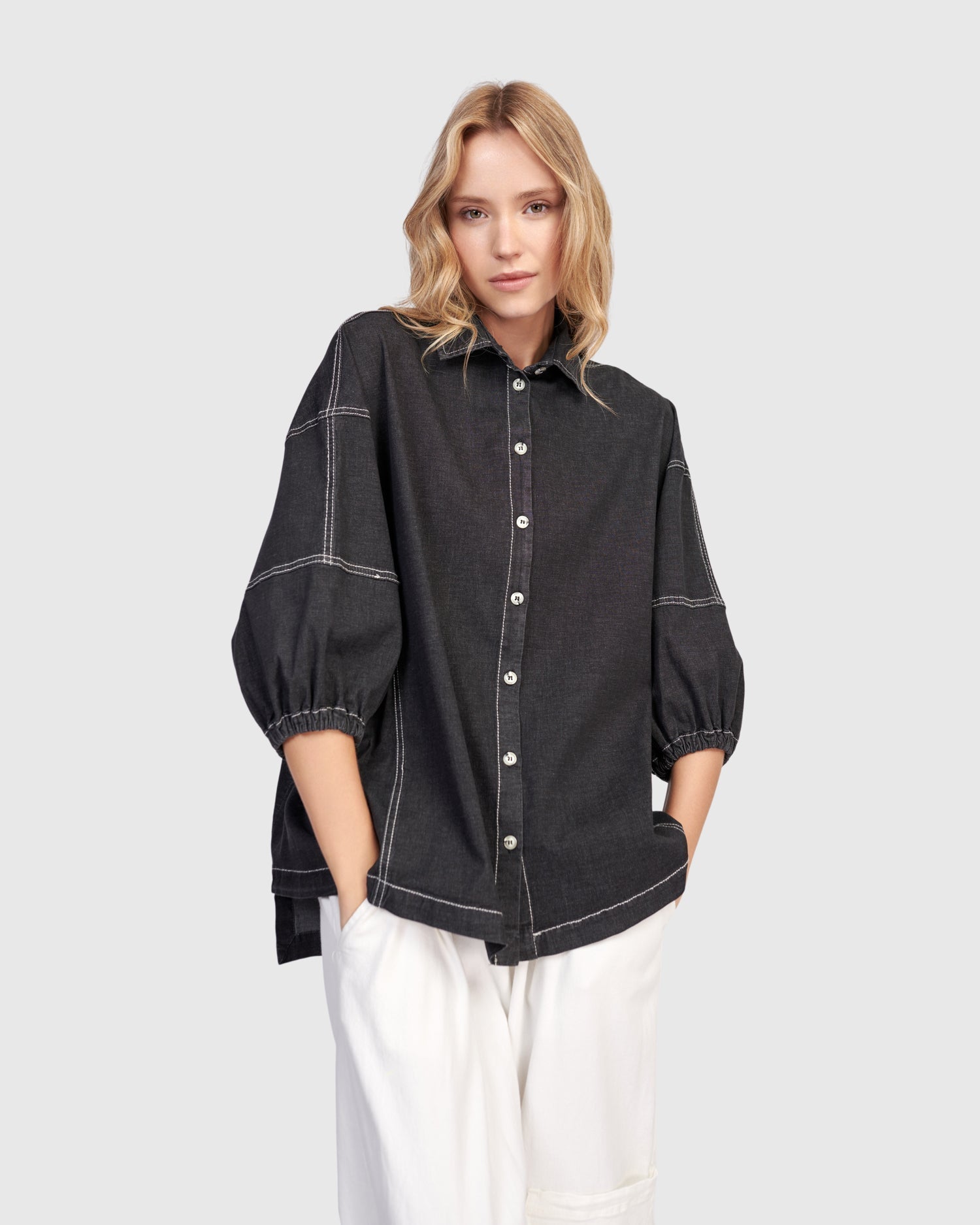 Pippa Puff Blouse, Black Denim
