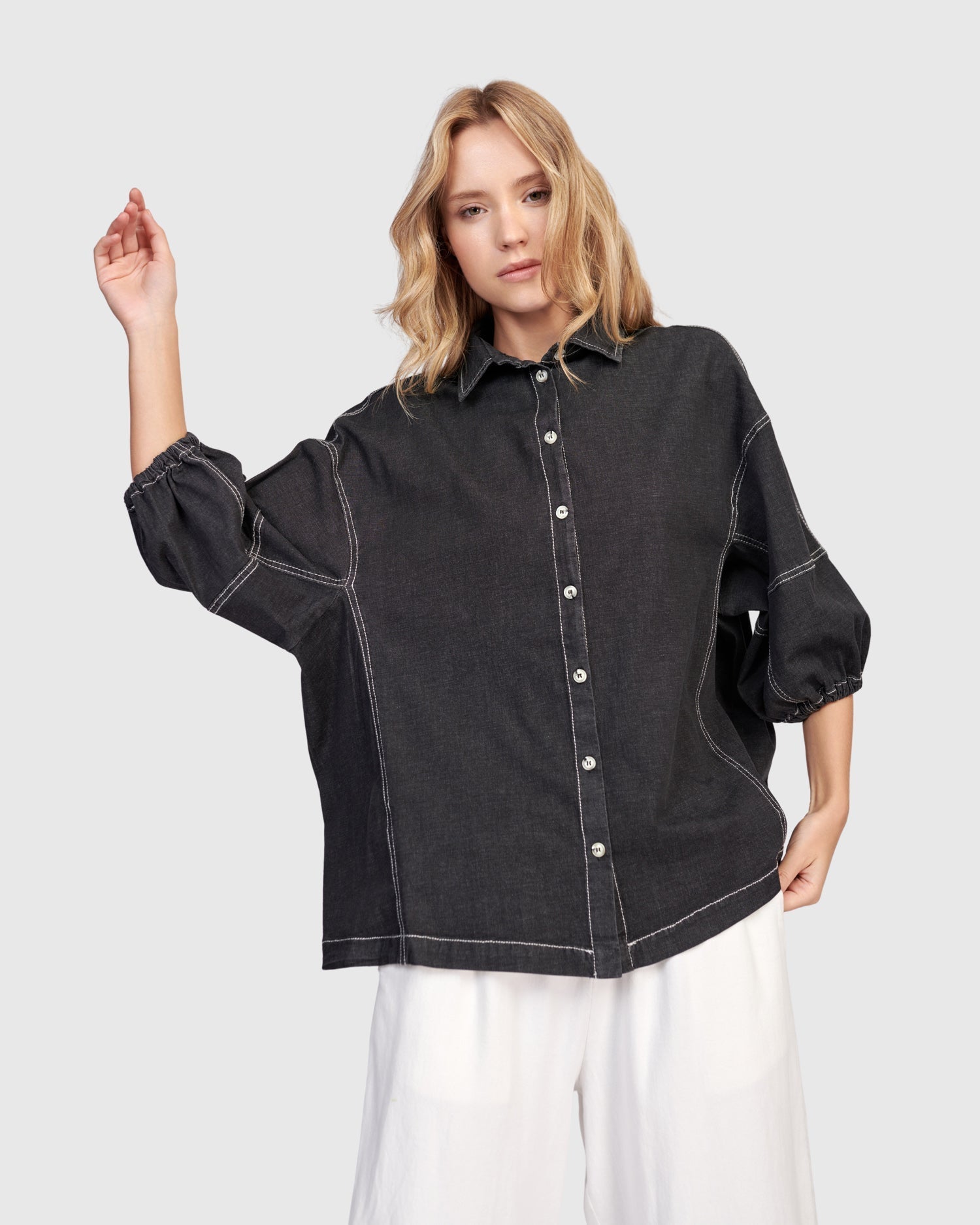 Pippa Puff Blouse, Black Denim
