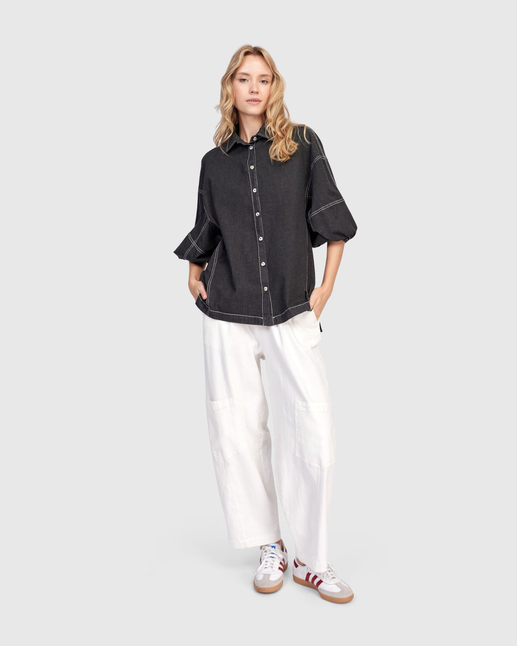 Pippa Puff Blouse, Black Denim