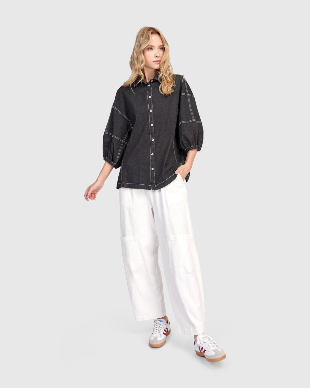 Pippa Puff Blouse, Black Denim