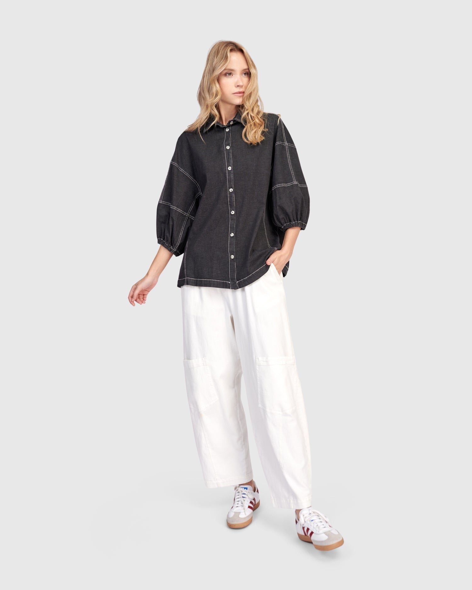 Pippa Puff Blouse, Black Denim