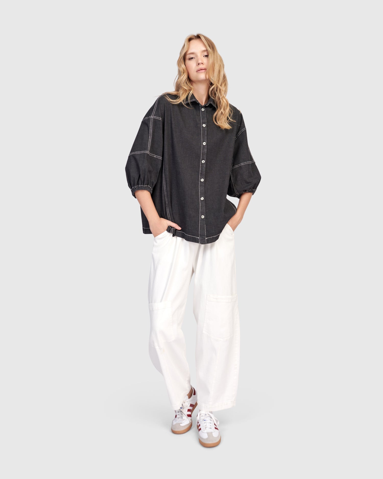 Pippa Puff Blouse, Black Denim