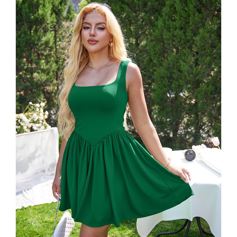 Women's Summer Sleeveless Square Neck A-line Ruffle Hem Mini Tank Dress With Pockets
