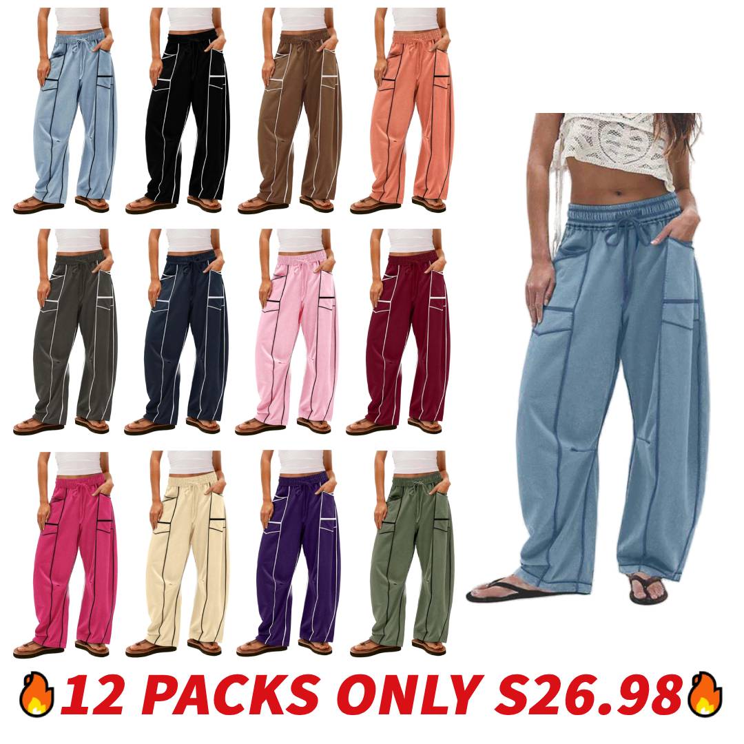 Womens Baggy Barrel Pants Wide Leg Lounge Drawstring Sweatpants with Pockets