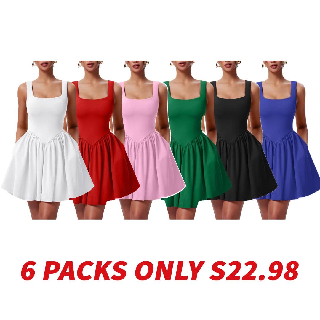 Women's Summer Sleeveless Square Neck A-line Ruffle Hem Mini Tank Dress With Pockets