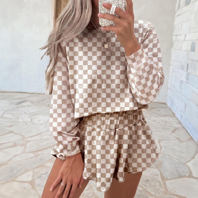 Women‘s Two Piece Set Checkerboard T Shirt and Ruffle High Waist Skort Set 2025 Summer Casual Sets for Daily Wear