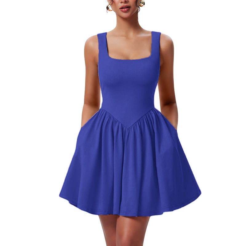 Women's Summer Sleeveless Square Neck A-line Ruffle Hem Mini Tank Dress With Pockets